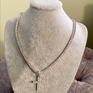 Silver Diamond Necklace Cross Set